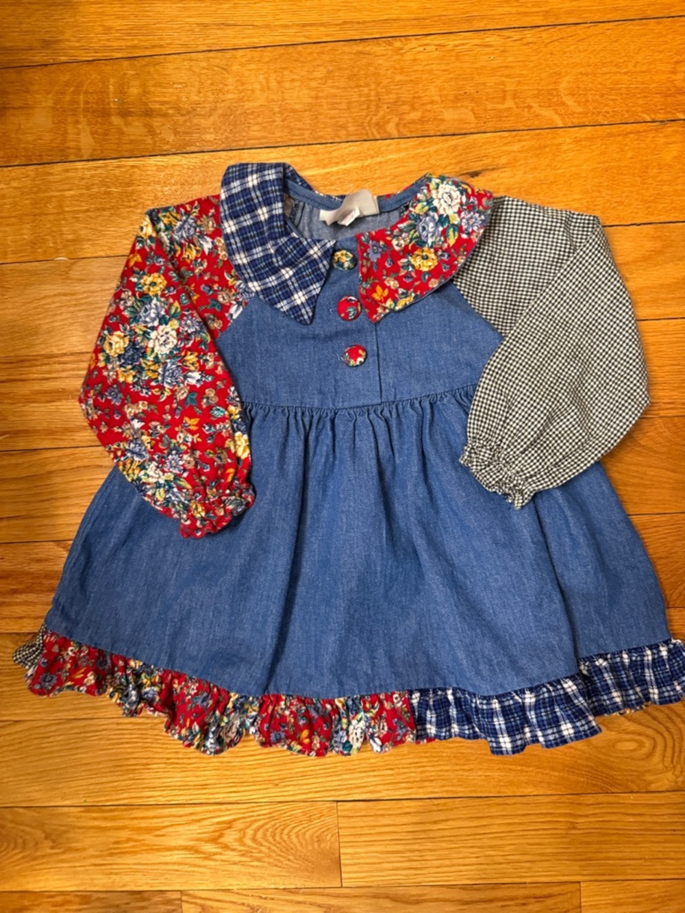 Denim Patchwork 4T toddler Dress with Floral & Plaid Accents, true vintage piece